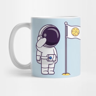 Cute Astronaut and Cute Alien Respect Moon Flag Cartoon Mug